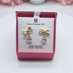 House Of Harlow 1960 Bow Cubic Zirconia Earrings Gold Tone NEW In Gift Box